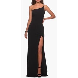 La Femme Long High Thigh Slit One Shoulder Jersey Black Gown Dress Size 6 NWT